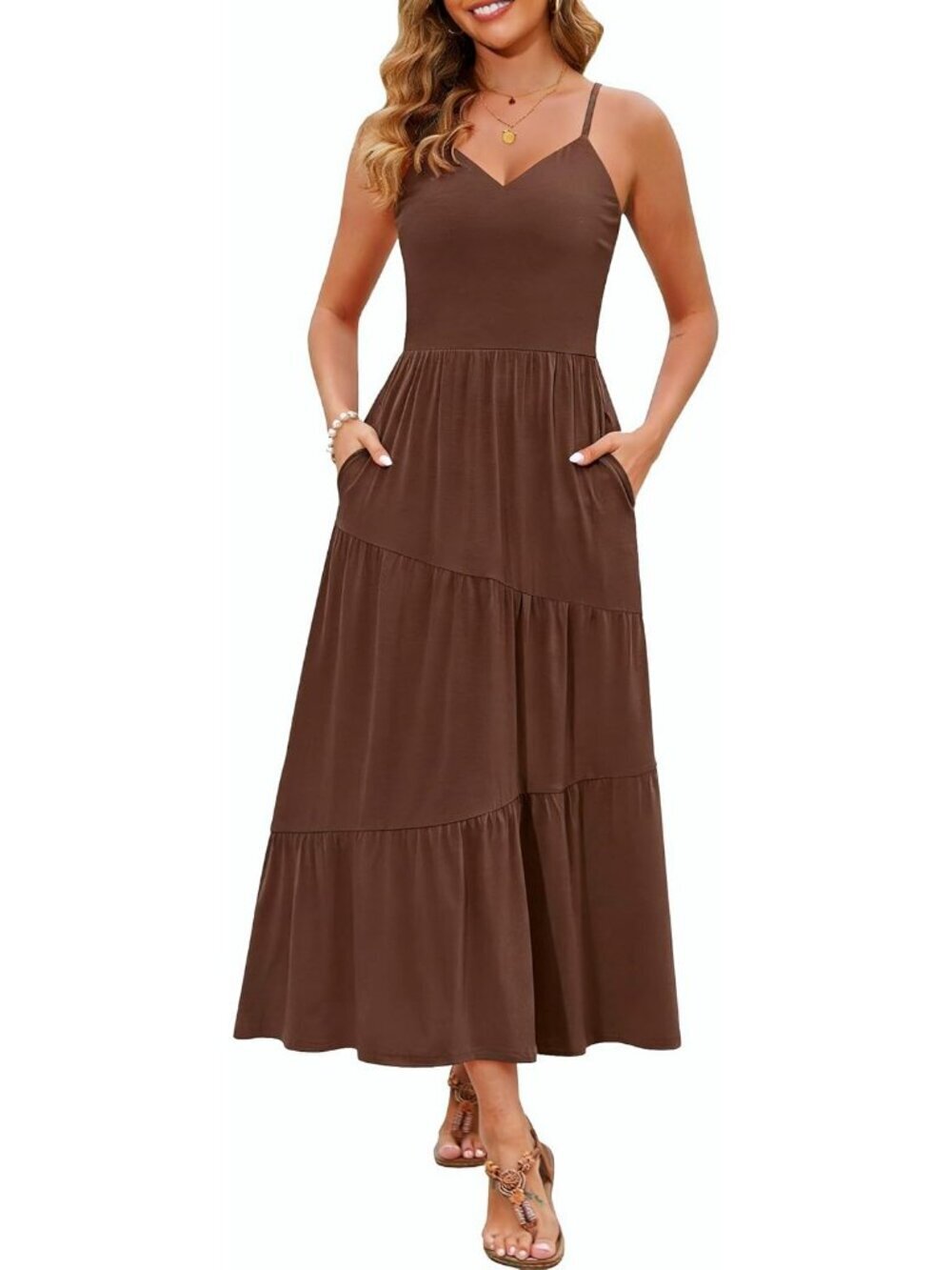 Women's Coffee Brown Sundress V Neck Spaghetti Long Strap Pockets Maxi Dress